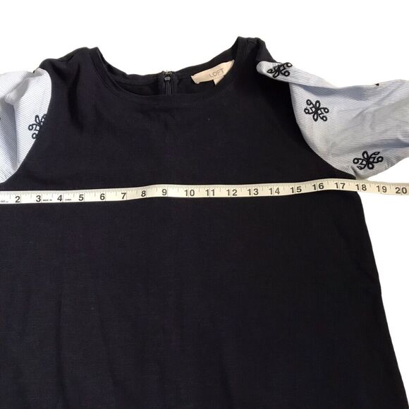 Loft Dress Womens Size S Navy Blue Embroidered Eyelet 3/4 Bell Sleeve Shift Boho - Picture 10 of 12